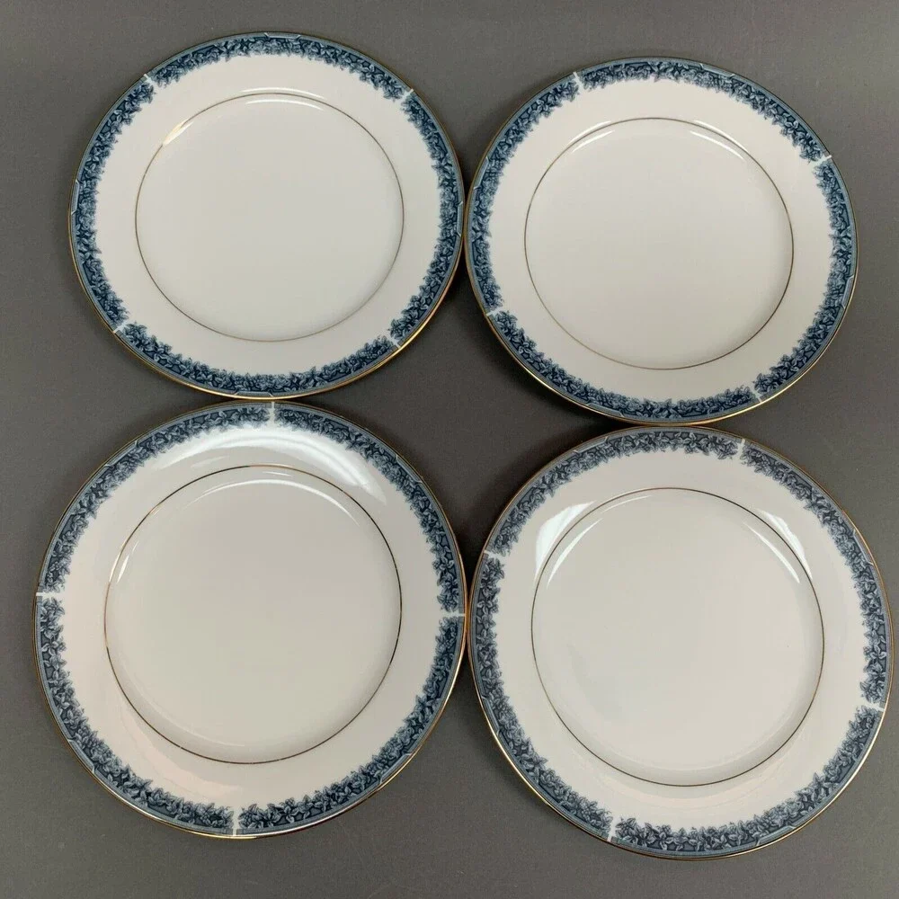 Noritake Legendary‎ Edgerow Salad Plates Blue White Gold Trim 4078 Lot of 4